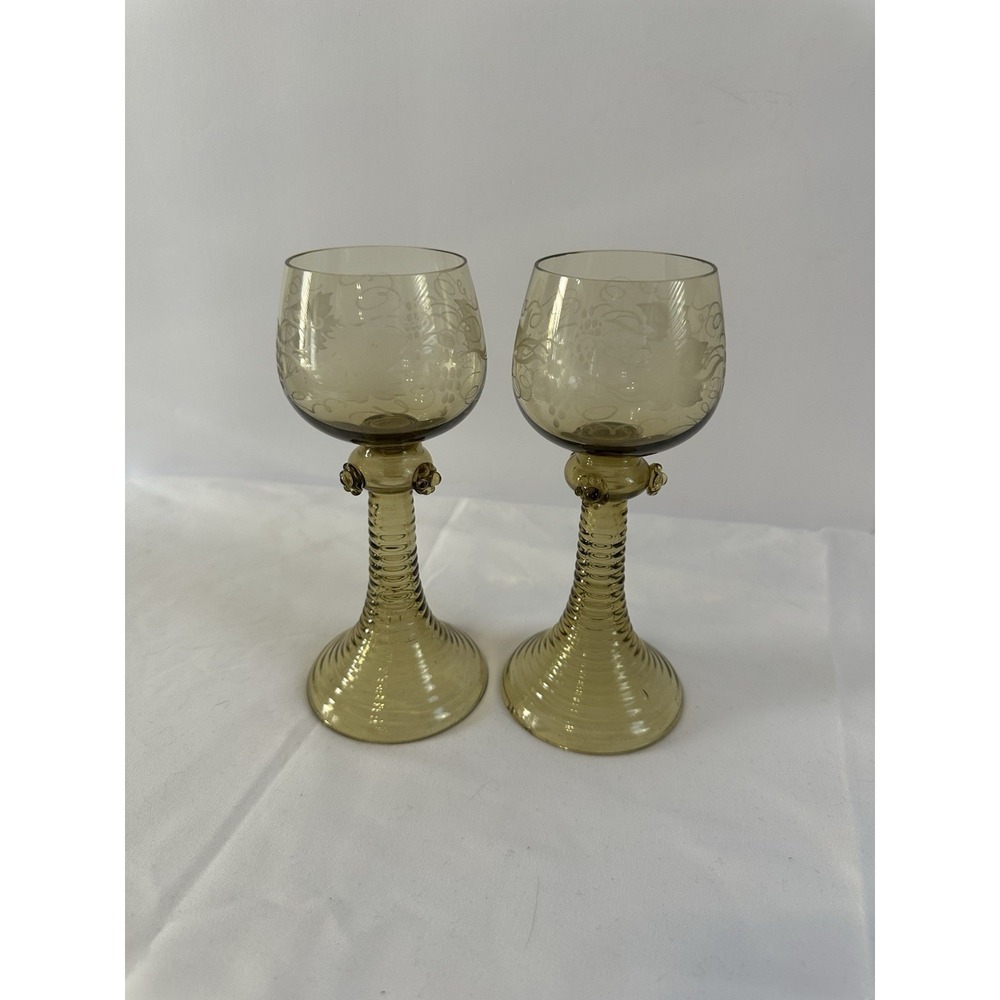 2 pcs VINTAGE‎ Schott Zwiesel BEEHIVE  Amber Wine Glasses Etched Grapes & Leaves